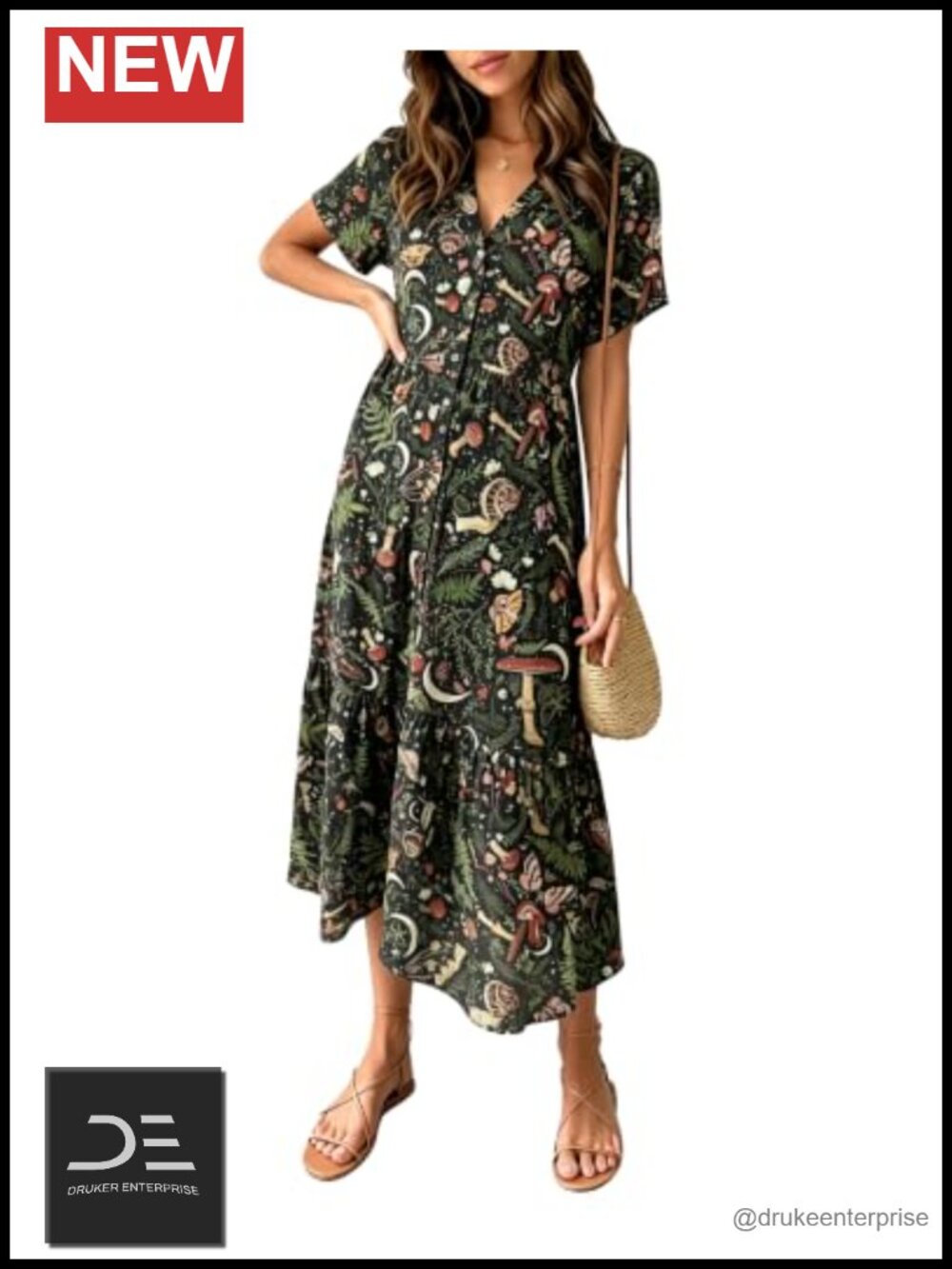 Women's Summer Casual Midi Dress V-Neck Button Down Shirt Dress